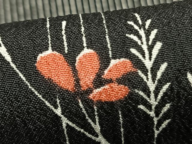 平和屋着物▽小紋　単衣　草花文　黒地　洗える着物　AABD0208fy