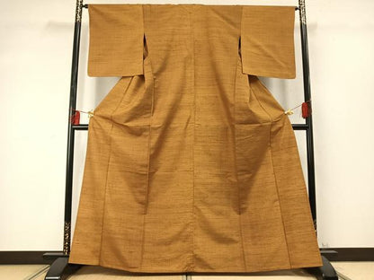 平和屋着物▽上質な紬　単衣　色無地　黄土色　正絹　逸品　AABD0212fy