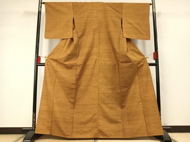 平和屋着物▽上質な紬　単衣　色無地　黄土色　正絹　逸品　AABD0212fy