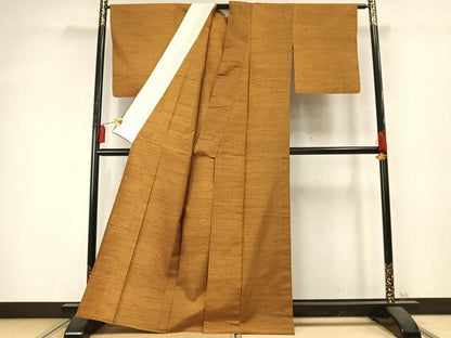 平和屋着物▽上質な紬　単衣　色無地　黄土色　正絹　逸品　AABD0212fy