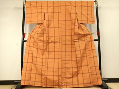 平和屋着物▽上質な紬 単衣 格子 正絹 逸品 AABD0213fy