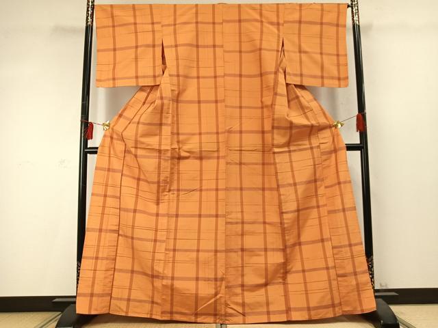 平和屋着物▽上質な紬 単衣 格子 正絹 逸品 AABD0213fy