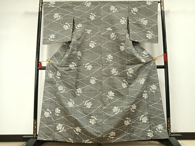 平和屋着物▽上質な紬 単衣 草花文 正絹 逸品 AABD0219fy