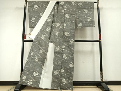 平和屋着物▽上質な紬 単衣 草花文 正絹 逸品 AABD0219fy
