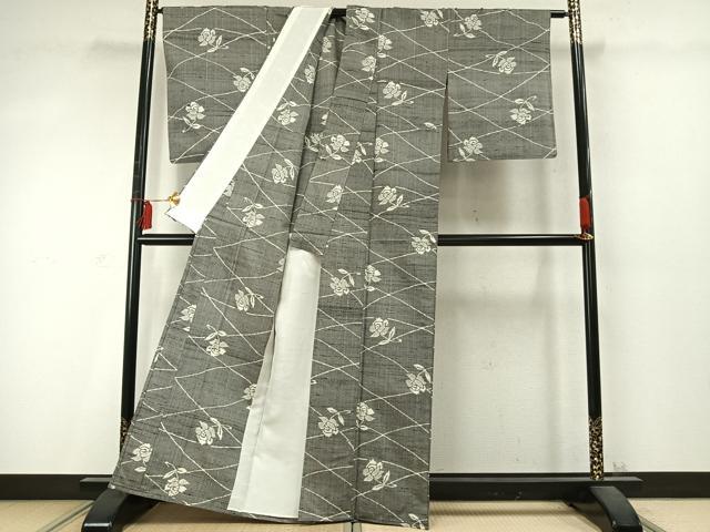 平和屋着物▽上質な紬 単衣 草花文 正絹 逸品 AABD0219fy