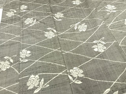 平和屋着物▽上質な紬 単衣 草花文 正絹 逸品 AABD0219fy