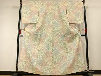 平和屋着物▽本塩沢 単衣 草花文 正絹 逸品 AABD0220fy