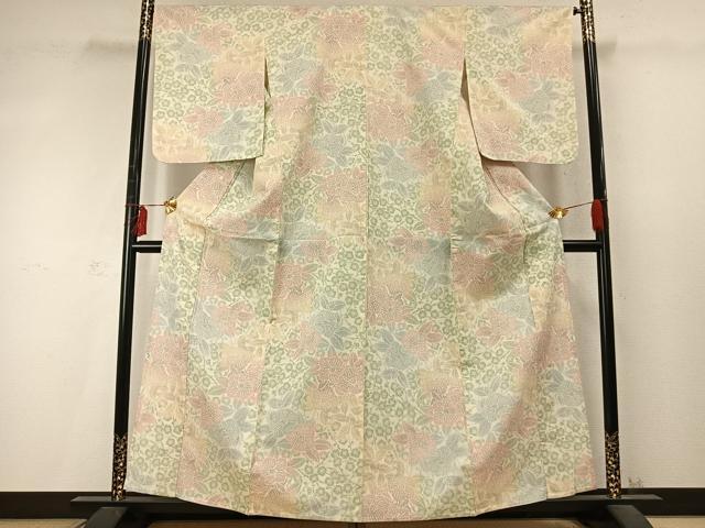 平和屋着物▽本塩沢 単衣 草花文 正絹 逸品 AABD0220fy