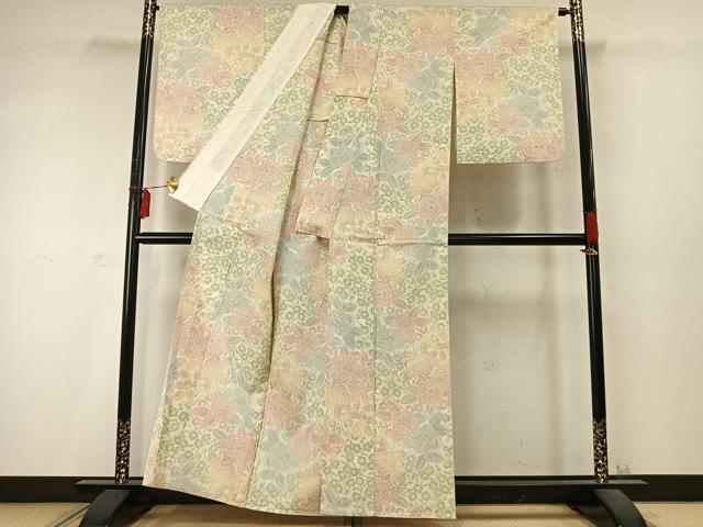 平和屋着物▽本塩沢 単衣 草花文 正絹 逸品 AABD0220fy
