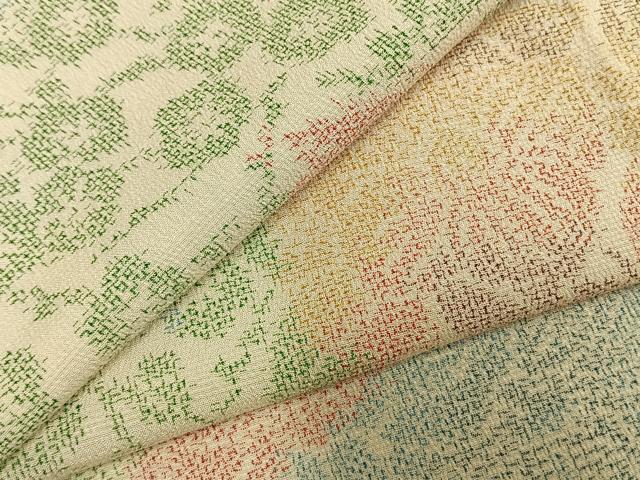 平和屋着物▽本塩沢 単衣 草花文 正絹 逸品 AABD0220fy