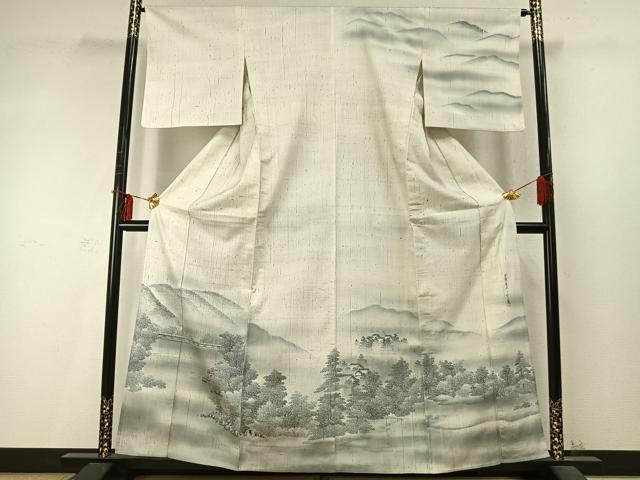 平和屋着物▽訪問着 単衣 紬地 作家物 手描き 風景文 暈し染め 正絹 逸品 AABD0222fy
