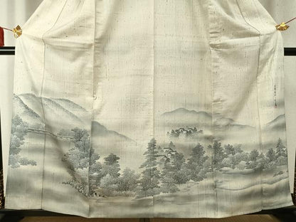 平和屋着物▽訪問着 単衣 紬地 作家物 手描き 風景文 暈し染め 正絹 逸品 AABD0222fy