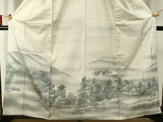 平和屋着物▽訪問着 単衣 紬地 作家物 手描き 風景文 暈し染め 正絹 逸品 AABD0222fy