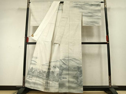 平和屋着物▽訪問着 単衣 紬地 作家物 手描き 風景文 暈し染め 正絹 逸品 AABD0222fy