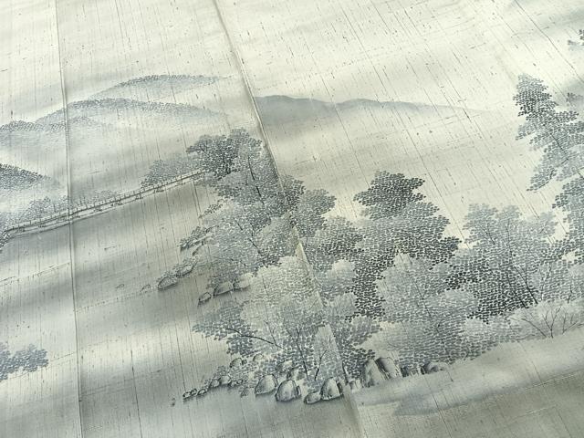 平和屋着物▽訪問着 単衣 紬地 作家物 手描き 風景文 暈し染め 正絹 逸品 AABD0222fy