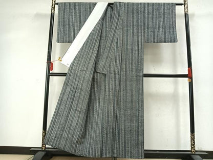 平和屋着物▽上質な紬 単衣 縞 三越扱い 正絹 逸品 AABD0223fy