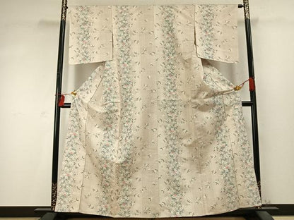 平和屋着物▽民芸紬 単衣 草花文 反端付き 正絹 逸品 未使用 AABD0226fy