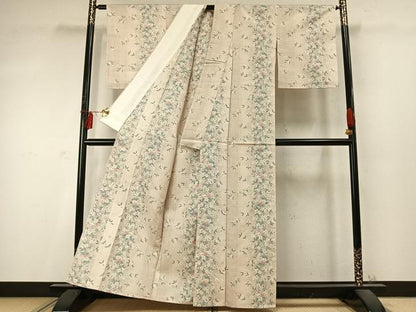 平和屋着物▽民芸紬 単衣 草花文 反端付き 正絹 逸品 未使用 AABD0226fy