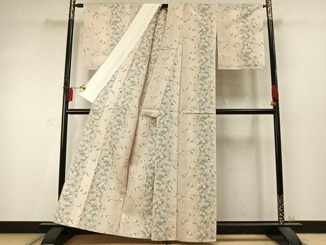 平和屋着物▽民芸紬 単衣 草花文 反端付き 正絹 逸品 未使用 AABD0226fy