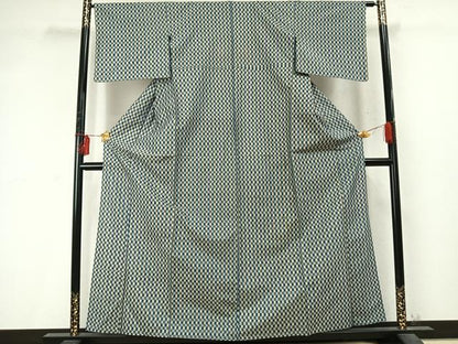 平和屋着物▽上質な紬　単衣　市松文様　正絹　逸品　AABD0227fy