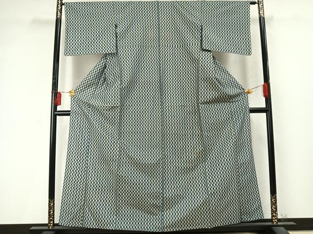 平和屋着物▽上質な紬　単衣　市松文様　正絹　逸品　AABD0227fy
