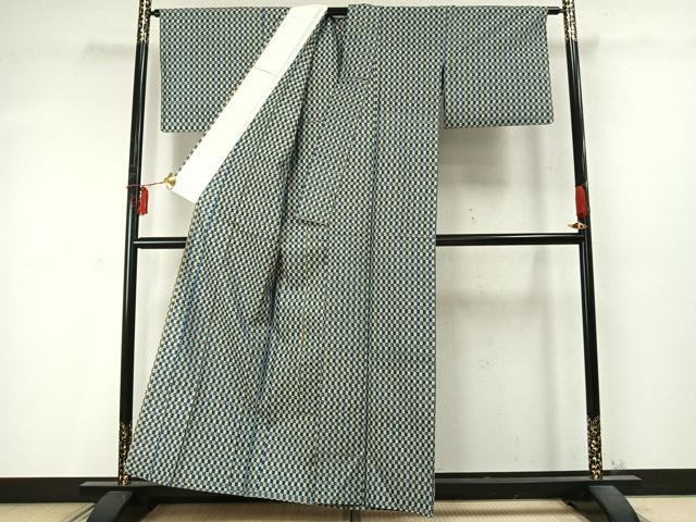 平和屋着物▽上質な紬　単衣　市松文様　正絹　逸品　AABD0227fy