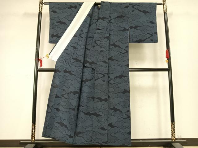 平和屋着物▽本塩沢　単衣　110亀甲　雲取り文　証紙付き　正絹　逸品　AABD0230fy
