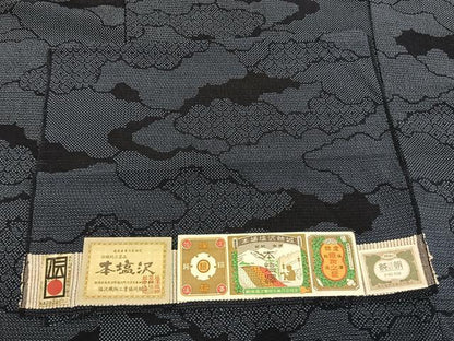 平和屋着物▽本塩沢　単衣　110亀甲　雲取り文　証紙付き　正絹　逸品　AABD0230fy