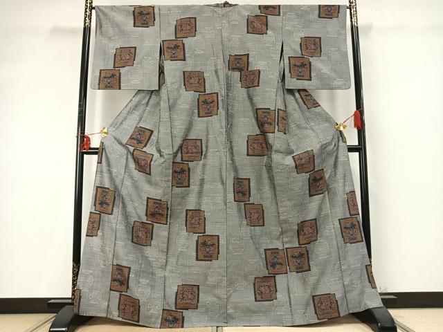 平和屋着物▽上質な紬 単衣 色紙重ね陶器文 正絹 逸品 AABD0231fy