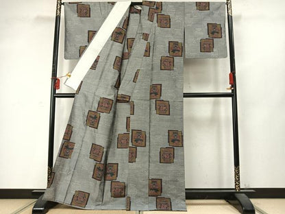 平和屋着物▽上質な紬 単衣 色紙重ね陶器文 正絹 逸品 AABD0231fy