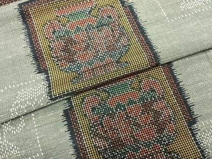 平和屋着物▽上質な紬 単衣 色紙重ね陶器文 正絹 逸品 AABD0231fy