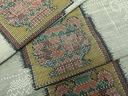 平和屋着物▽上質な紬 単衣 色紙重ね陶器文 正絹 逸品 AABD0231fy