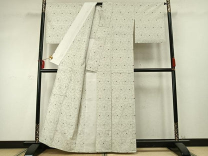 平和屋着物▽上質な紬　単衣　花尽くし　正絹　逸品　AABD0232fy