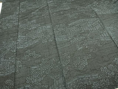 平和屋着物▽上質な紬 単衣 風景花文 正絹 逸品 AABD0237fy
