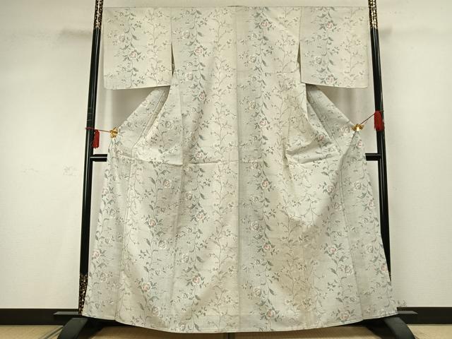 平和屋着物▽上質な紬 単衣 花唐草文 正絹 逸品 AABD0238fy