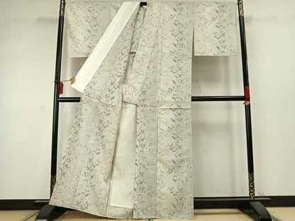 平和屋着物▽上質な紬 単衣 花唐草文 正絹 逸品 AABD0238fy