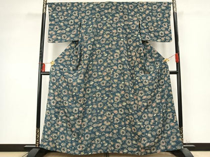 平和屋着物▽上質な小紋 単衣 扇面花唐草文 暈し染め 正絹 逸品 AABD0239fy