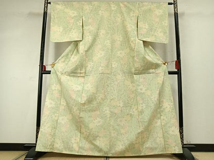 平和屋着物▽上質な紬 単衣 草花文 正絹 逸品 AABD0244fy