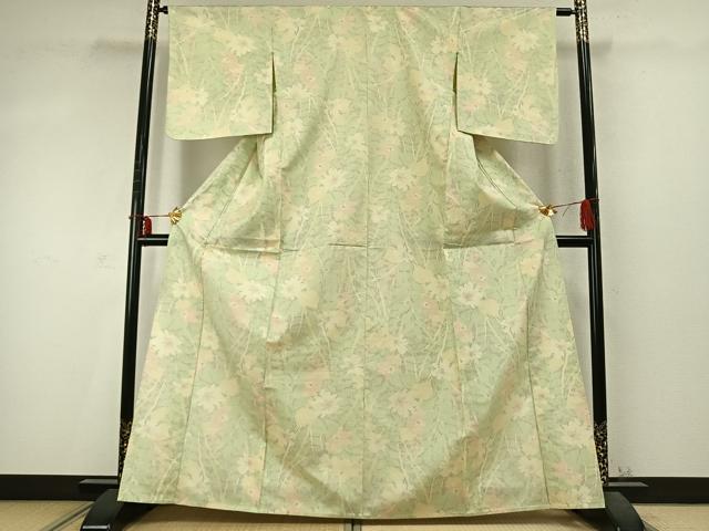 平和屋着物▽上質な紬 単衣 草花文 正絹 逸品 AABD0244fy
