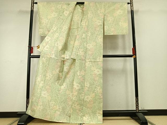 平和屋着物▽上質な紬 単衣 草花文 正絹 逸品 AABD0244fy