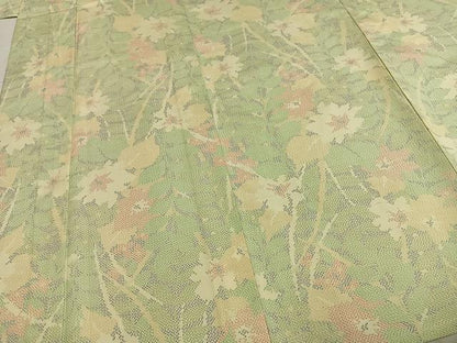 平和屋着物▽上質な紬 単衣 草花文 正絹 逸品 AABD0244fy