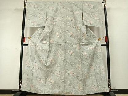 平和屋着物▽上質な紬 単衣 草花文 正絹 逸品 AABD0248fy