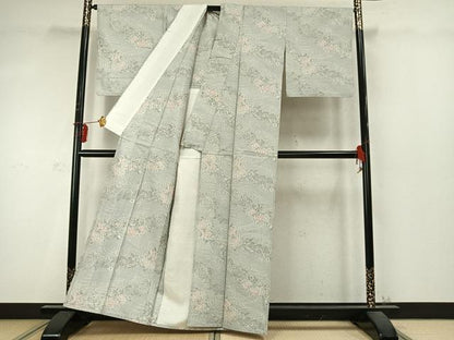 平和屋着物▽上質な紬 単衣 草花文 正絹 逸品 AABD0248fy
