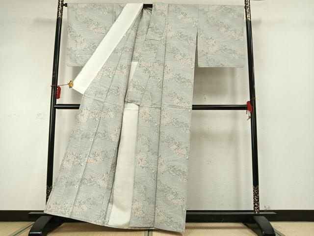 平和屋着物▽上質な紬 単衣 草花文 正絹 逸品 AABD0248fy