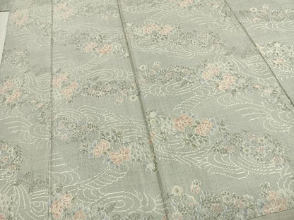 平和屋着物▽上質な紬 単衣 草花文 正絹 逸品 AABD0248fy