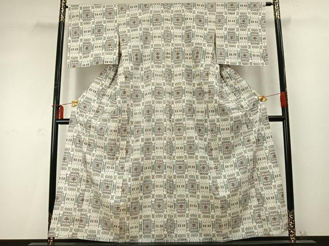 平和屋着物▽上質な紬 単衣 幾何学文様 まるやま扱い 正絹 逸品 未使用 AABD0249fy