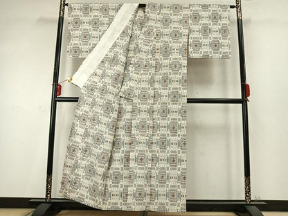 平和屋着物▽上質な紬 単衣 幾何学文様 まるやま扱い 正絹 逸品 未使用 AABD0249fy