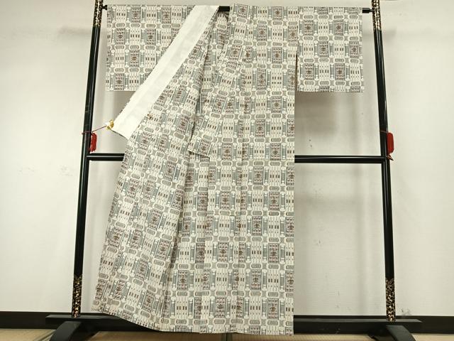 平和屋着物▽上質な紬 単衣 幾何学文様 まるやま扱い 正絹 逸品 未使用 AABD0249fy