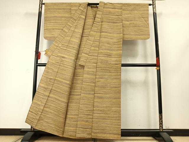 平和屋着物▽上質な紬 単衣 横縞 正絹 逸品 AABD0252fy