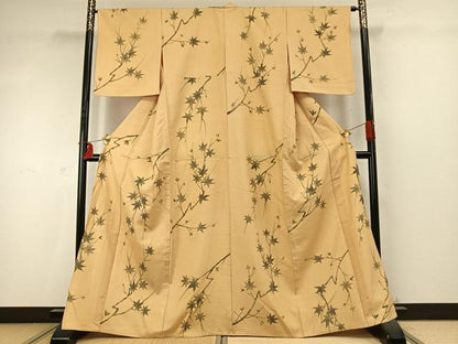 平和屋着物▽上質な紬 単衣 手描き 楓 正絹 逸品 AABD0257fy